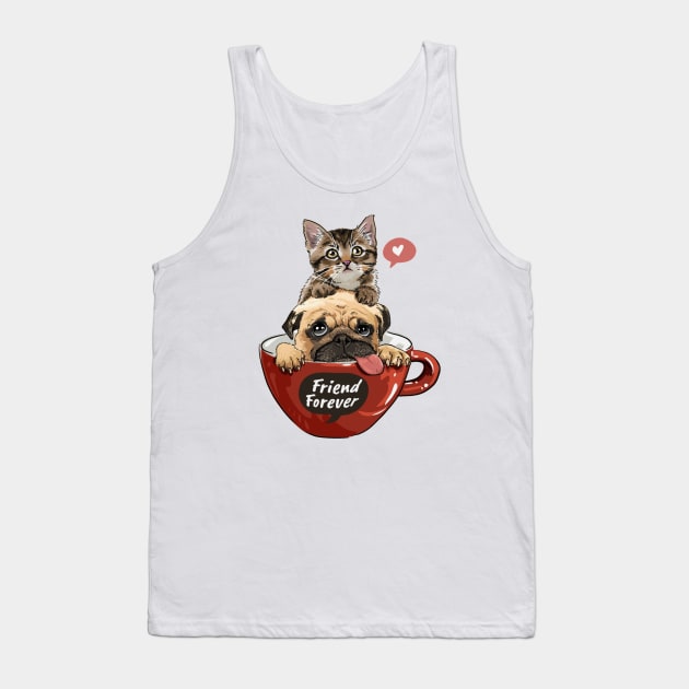 pug dog and little kitten in red coffee cup Tank Top by amramna